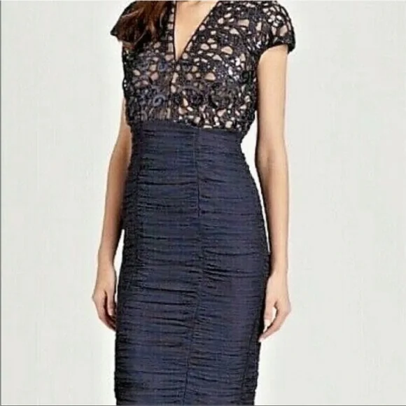 Tadashi Shoji | Dresses | Tadashi Shoji Navy Blue Silk Sequin Ruched Midi  Cocktail Dress Size 6 | Poshmark